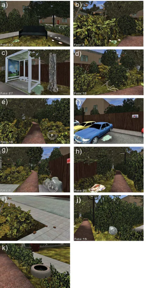 Figure 4. Physical incivilities in the virtual environment. Examples shown represent (a,b) empty beer cans, (c) broken glass, (d,e) bicycle parts, (f) broken car window glass, (g) garbage bags and bicycle parts, (h) paper litter, (i) dog droppings, (j) gar