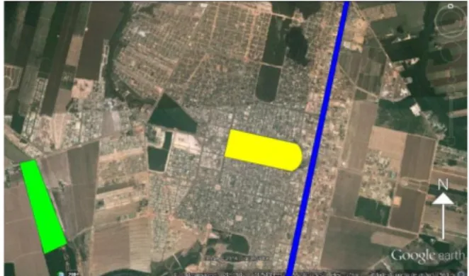 Figura 2: Localização dos bairros. Legenda: em azul: BR- BR-163; em amarelo: Centro; em verde: Residêncial Aquarela 