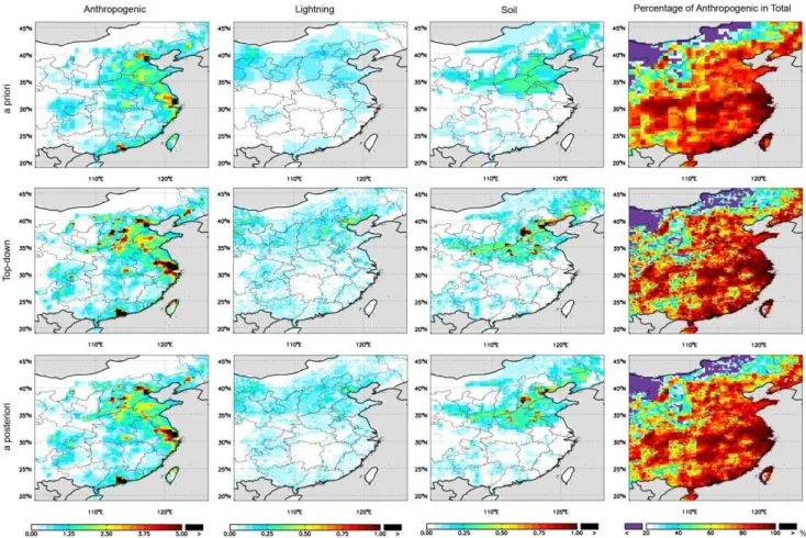 Fig. 9. The a priori, top-down and a posteriori estimates of anthropogenic, lightning and soil emissions of NO x (10 15 molec