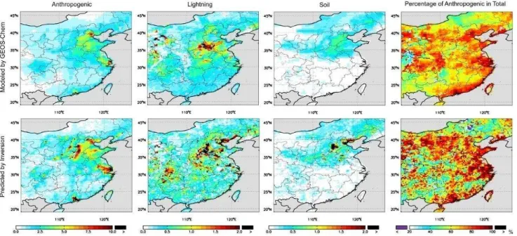 Fig. 10. VCDs of NO 2 (10 15 molec. cm −2 ) in July 2006 over East China resulting from anthropogenic, lightning and soil emissions of NO x and the anthropogenic contributions (in percentage) to the total VCDs modeled by GEOS-Chem and predicted by the inve