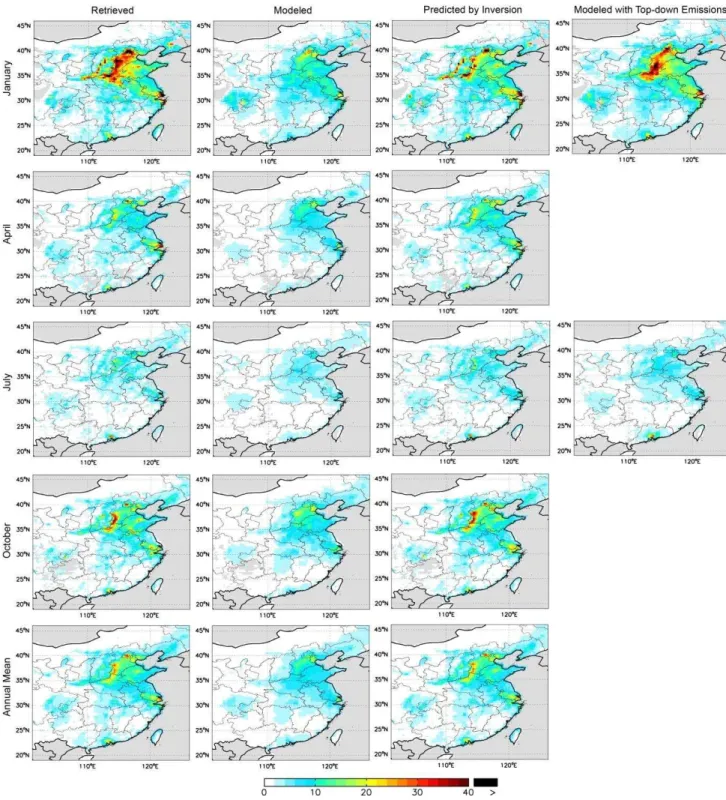 Fig. 4. VCDs of NO 2 (10 15 molec. cm −2 ) for January, April, July, October and annual average for 2006 retrieved from OMI, simulated by GEOS-Chem with a priori emissions, predicted by the inversion approach, and simulated by GEOS-Chem with top-down emiss