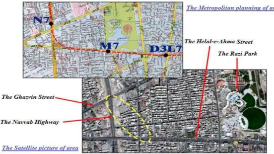 Fig. 1. Urban plan and a satellite image indicating parts of Tehran subway line 7  