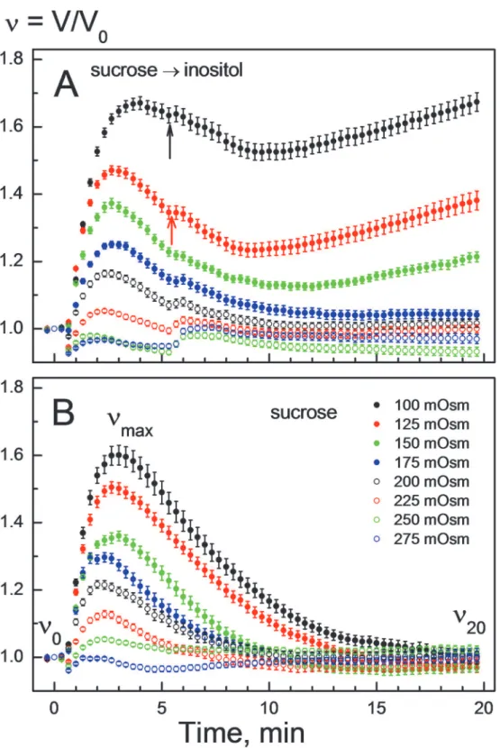 Fig 2. Volume changes of HEK293 cells in response to solutions of varying osmolality and composition