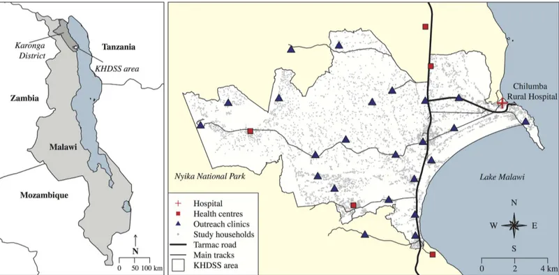 Fig 1. Map of the Karonga Health and Demographic Surveillance site (KHDSS), showing Chilumba Rural Hospital, 5 local health centres and 23 outreach clinic sites included in the study