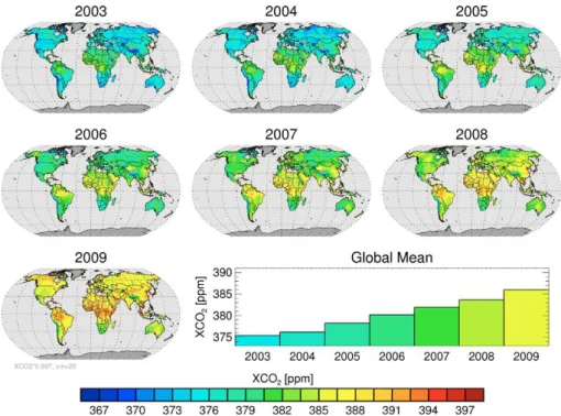 Fig. 2. Annual composite averages of quality filtered WFMDv2.1 XCO 2 for the years 2003–2009