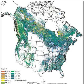 Fig. 8. Forest age factor derived from the forest age map (Fig. 1a) useful for constraining atmospheric inverse modeling of the  bio-sphere carbon flux.