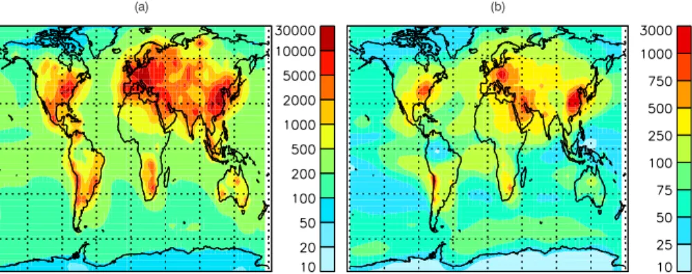 Fig. 2. GEOS-CHEM predicted annual average number concentrations (cm −3 at STP condi- condi-tions of 273 K and 1 atm) in the lowest model layer for (a) CN and (b) CCN(0.2%)