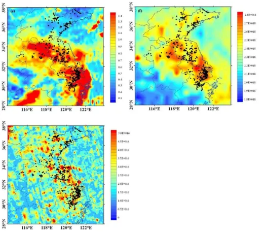 Fig. 5. The regional distribution of (a) aerosol optical depth (550 nm), and (b) ˚ Angstr ¨om exponent (470–670 nm) retrieved from MODIS during PE1; (c) aerosol optical depth, and (d) ˚ Angstr ¨om exponent during PE2; (e) aerosol optical depth, (f) total C