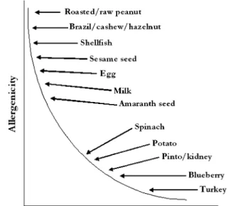 FIG. 1. Conceptualized spectrum of allergenic potency of food extracts based on perceived allergenicity in humans (adapted from Kimber, unpublished data).