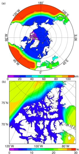 Fig. 4. Horizontal resolution of an example mesh with the CAA re- re-gion refined: (a) view in the stereographic projection and (b)  close-up of the CAA region.