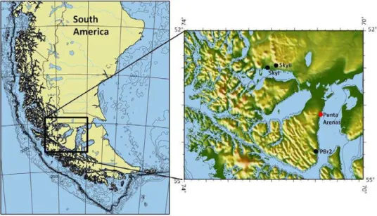 Fig. 1. Map of the study area in southern South America. Locations of the sampling sites are marked in the detailed map