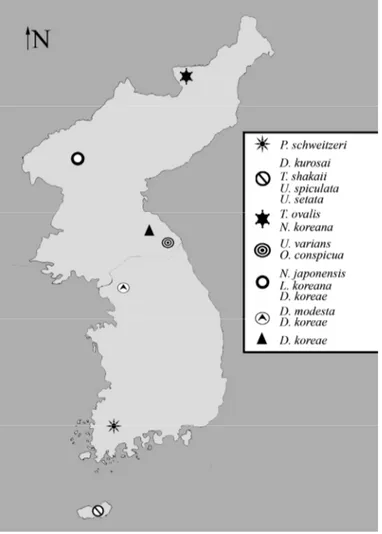 Figure 19. Occurrences of the Uropodina species found on the Korean Peninsula 