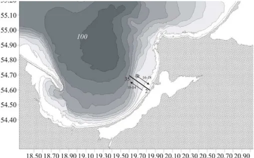 Fig. 3. Bathymetry of the Gdansk basin and the location of the experimental cross-section