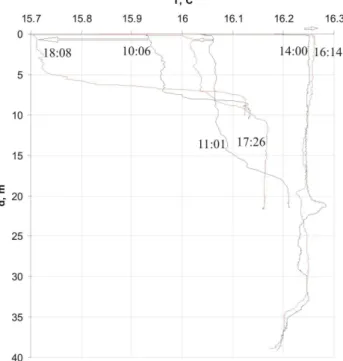 Fig. 4. Morning and afternoon vertical temperature profiles at St. 2, 11, 31 (see Fig