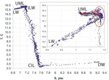 Fig. 9. TS representation of the field measurement data, showing water of lagoon origin (LW), water of the upper mixed layer (UML), water of the newly forming intermediate layer (ILW), the remainder of the CIL of the past year and deep Baltic water (DW)