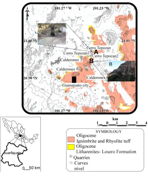 Figure	1.	Sketch	map	of	the	Guanajuato	 area:	a)	Losero	Formation quarry,	Via	 Embajadoras;	b)	Ignimbrite	and	rhyolite	 tuff	outcrop,	Cerro	La	Bufa	locality