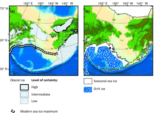Figure 2. Maximum glacial and sea ice extents in Beringia. Panel (a) depicts the maximum glacial ice in Beringia as inferred from terminal and lateral moraines (Gualtieri et al., 2000; Heiser and Roush, 2001; Kaufman, et al., 2011; Barr and Clark, 2009)