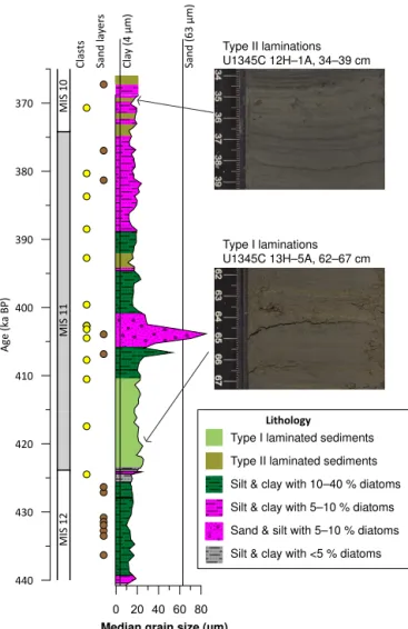 Figure 4. Lithostratigraphic column for U1345A. Marine Isotope Stage 11 is depicted as a grey bar