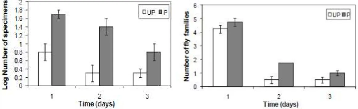 Figure 2. The effects of beetle exclusion on fly numbers and the number of flies family (±SD) emerging from 300 ml cow dung baits