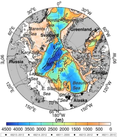 Figure 1. Regional seas of the Arctic Ocean with bathymetry (color), buoy locations (black symbols), and 4000, 2000, 500, and 100 m depth contours (black lines).