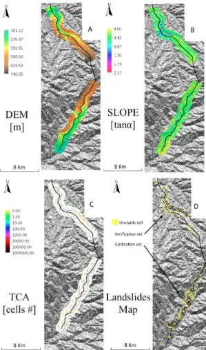 Figure 2. Test site. (a) Digital elevation model (DEM) [m], (b) slope [–] expressed as tangent of the angle, (c) total contributing area (TCA) expressed as number of draining cells and (d) map