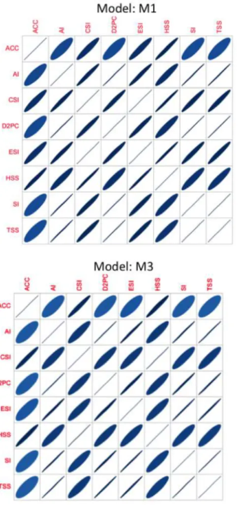 Figure 4. Correlation plot between models’ performance (MP) vector computed by optimizing all GOF indices in turn