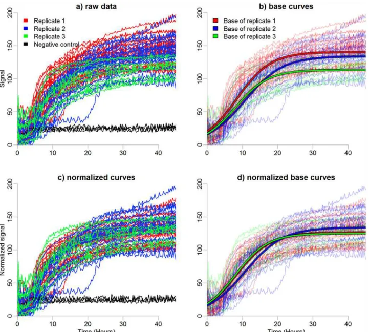 Fig 2. Normalization of PM profiles. Metabolic profiles of three replicates of Yersinia enterocolitica, strain 8081c, plate PM01, at temperature 37°C