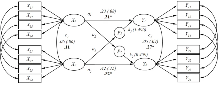 Figure 1 Results for the structural model step 2 of APIM. Non-standardized estimates are in italics, standard errors are in parentheses and standardized estimates are in bold