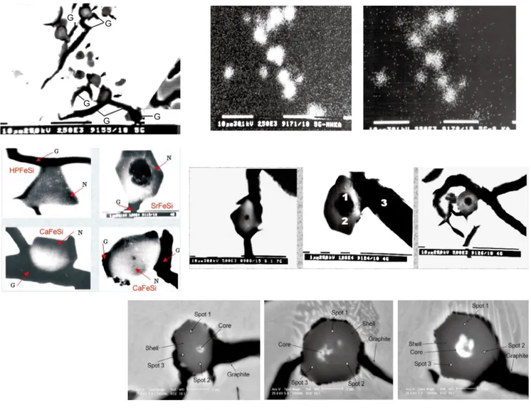 Fig. 4: Typical graphite nucleation sites in commercial grey cast irons 0 1 2 3 4 5 6 7Compound Graphite *100806040200 0 1 2 3 4 5 6 7 8FeMn*SiS Distance ( m)μ*** *ShellGraphite Matrix 20151050 Si(wt.%)FeMnS(wt,,.%)*** * 0 1 2 345 6 7 8 9 10 1112 Graphite 