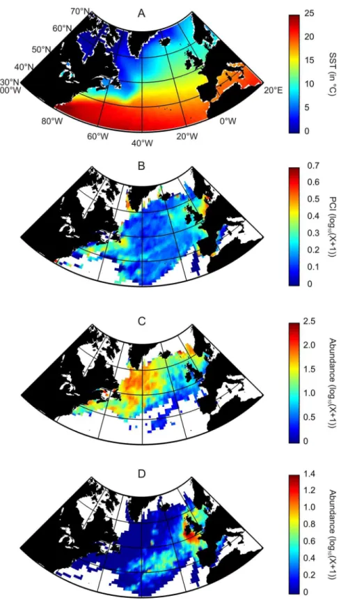 Figure 1. Averaged spatial distribution, over the period 1958–2008, of biological and physical data in the North Atlantic Ocean