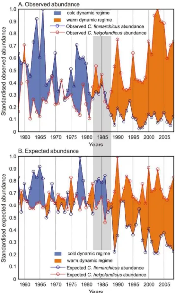 Figure 5. Long-term changes in both the (A) observed and (B) expected abundance of both C