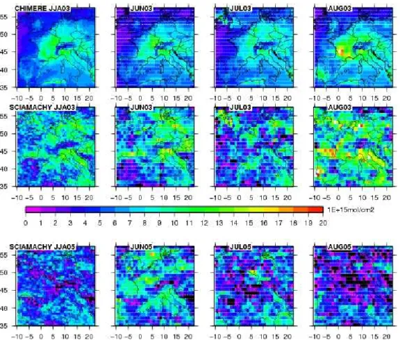 Fig. 6. HCHO tropospheric columns simulated by CHIMERE in summer 2003 (top panel), observed by SCIAMACHY in summer 2003 (middle panel) and 2005 (bottom panel)