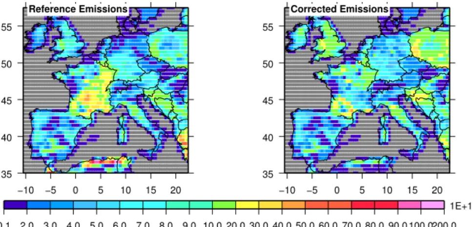Fig. 10. Comparison between the reference and the corrected biogenic isoprene emissions (in molecule/cm 2 /s).