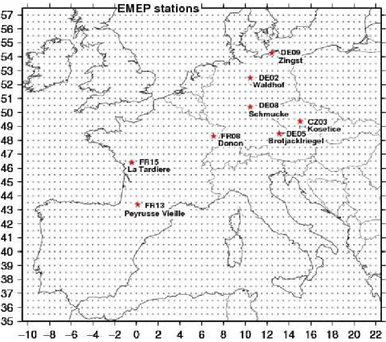 Fig. 2. Location of the EMEP stations used for the comparison of surface HCHO concentration.