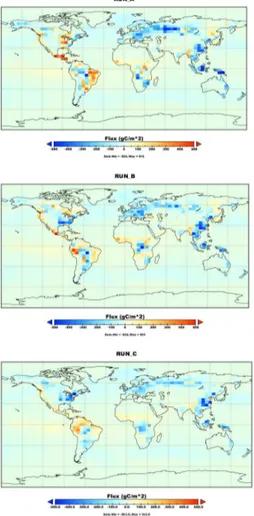 Fig. 3. Annual global surface fluxes of CO 2 in g C m −2 for the inversion analyses RUN_A, RUN_B, and RUN_C.