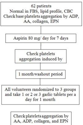 Figure 1.The flowchart of open labeled randomized  clinical trial study of the evaluation of anti-platelet  effect of different doses of garlic tablets