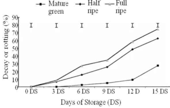 Fig. 1: Decay or rotting (%) of tomato at different days  of storage shown by different stages of matured  fruits