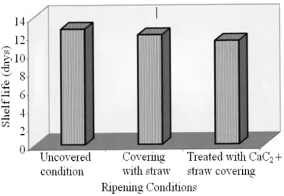 Fig. 10: Shelf life of tomato as influenced by different  ripening conditions. Vertical bar indicates LSD  value at 5% level of significance 