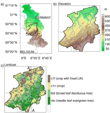 Figure 2. (a) Topography of the Rur catchment, which lies at the border of Germany, Belgium, Luxembourg and the Netherlands.