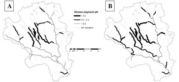Fig. 4. The proportion of stream length affected by low pH at spring flood (A) during present conditions and (B) following a 30% increase in DOC.