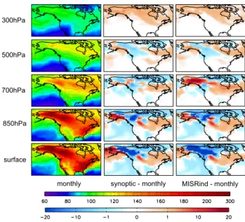 Fig. 4. Model simulated 3-month (June–August 2004) average CO mixing ratios (ppbv) at five pressure layers (surface, 850 hPa, 700 hPa, 500 hPa, 300 hPa) from the monthly simulation, and the differences due to the adding of temporal constraints (synoptic – 