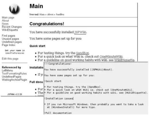 Figura 4.1: Tela inicial da JSPWiki e seu formul´ario para edi¸c˜ao