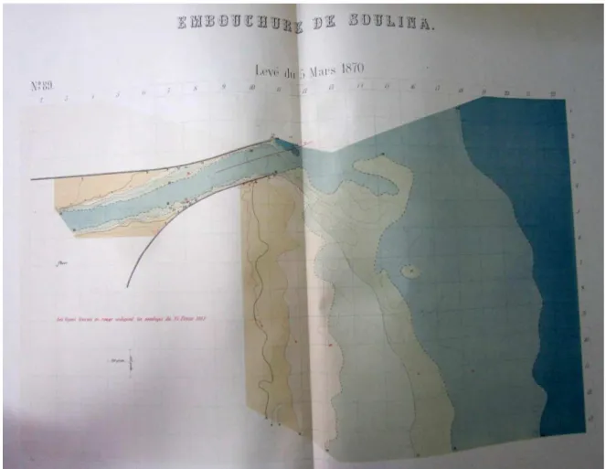 Fig.  6. Hartă din Atlasul 2, 1874. Ridicare batimetrica din 5 martie 1870, Index CED 89 (Commission  Europeenne du Danube, 1874) 