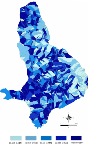 Fig. 10. Examples of landslide hazard maps for four periods, from 5 to 50 years (from top to bottom), and for two landslide sizes, A L ≥ 1000 m 2 (left) and A L ≥10 000 m 2 , i.e