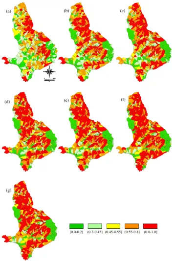 Fig. 5. Landslide susceptibility models obtained through discrimi- discrimi-nate analysis of the same set of independent thematic variables  (Ta-ble 5) and changing the landslide inventory map (dependent  vari-able, Fig