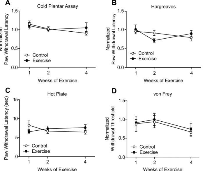 Fig 1. Exercise training did not alter thermal or mechanical sensitivity of uninjured animals
