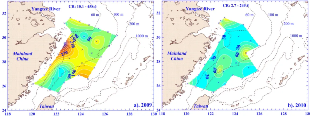 Fig. 7. Contour plots of plankton community respiration (CR) in the surface waters of the ECS in (a) 2009 and (b) 2010, with a contour interval of 30 mg C m −3 d −1 .