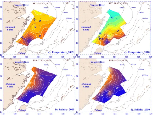 Fig. 2. Contour plots of surface seawater temperature (SST) and salinity (SSS) of the ECS in 2009 (a), (b) and 2010 (c), (d), with contour lines of SST = 20 ◦ C and SSS = 31 were bolded for reference