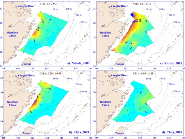 Fig. 3. Contour plots of nitrate and chlorophyll a (Chl a) in the surface waters of the ECS in 2009 (a), (b) and 2010 (c), (d)