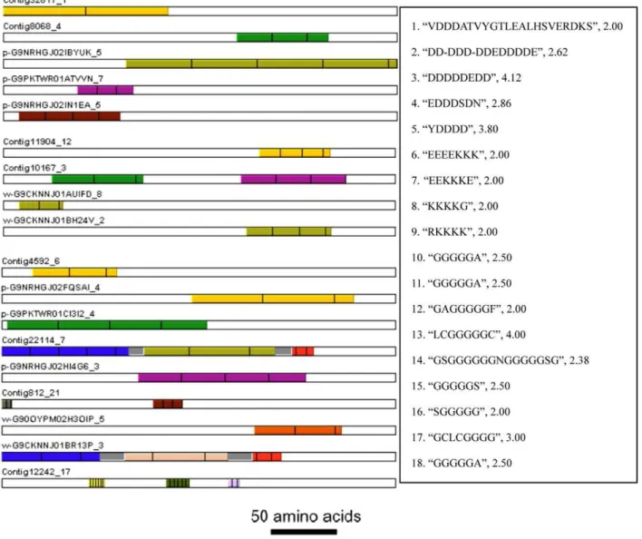Figure 4. Schematic of deduced proteins contained tandem-arranged repeat units (1–5) enriched Asp residues, (6–9) enriched Lys residues, (10–18) enriched Gly residues